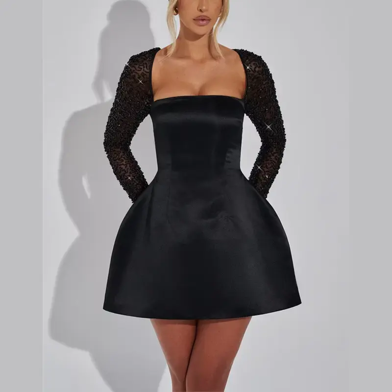long sleeve v neck dress formal Elegant Black Evening Dress