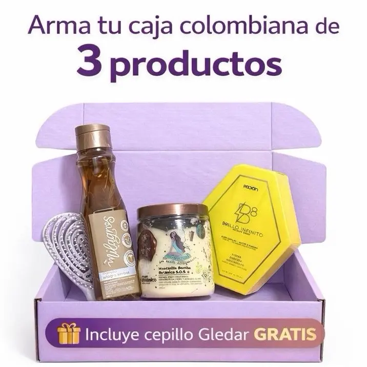 Arma tu caja colombiana de 3 productos con cepillo Gledar GRATIS incluido en la caja, ( shampoo, mascarillas, aceites, keratinas, etc