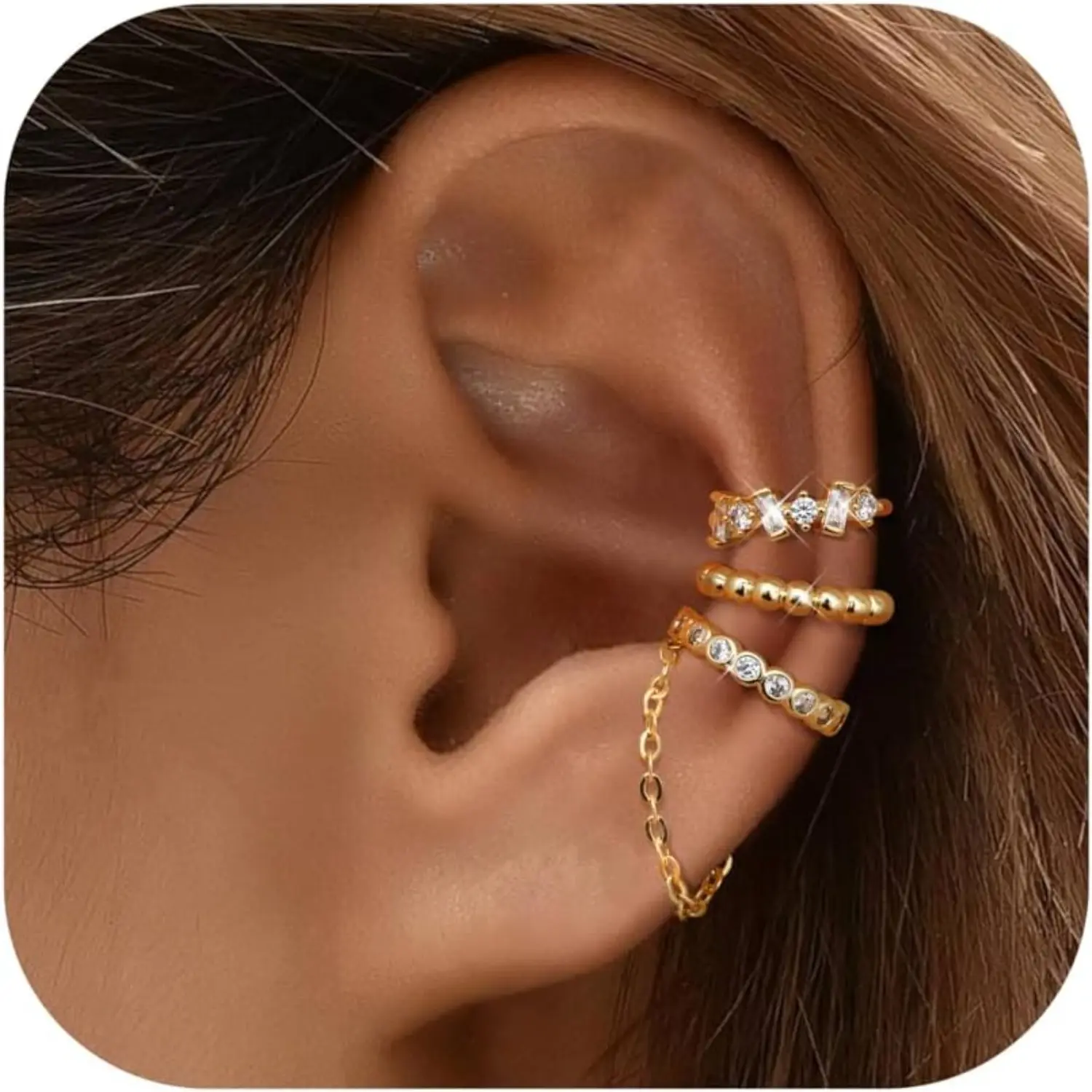 Milacolato Women's 14-Karat Brass-Plated Adjustable Ear Cuff Set - Non-Piercing Clip-On Cartilage Fit Earrings, Multi-Style Metallic Finish Jewelry for Special Events, Clip On Earrings, Ear Cuff Earrings