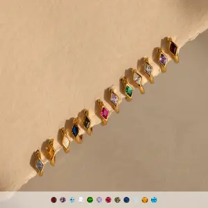 Rhombus Birthstone Huggies by Caitlyn Minimalist - Dainty Bezel Gemstone Hoop Earrings in Gold - Crystal Cartilage Earrings - Birthday Gift