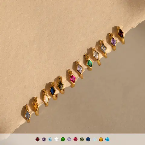 Rhombus Birthstone Huggies by Caitlyn Minimalist - Dainty Bezel Gemstone Hoop Earrings in Gold - Crystal Cartilage Earrings - Christmas Gifts for Her