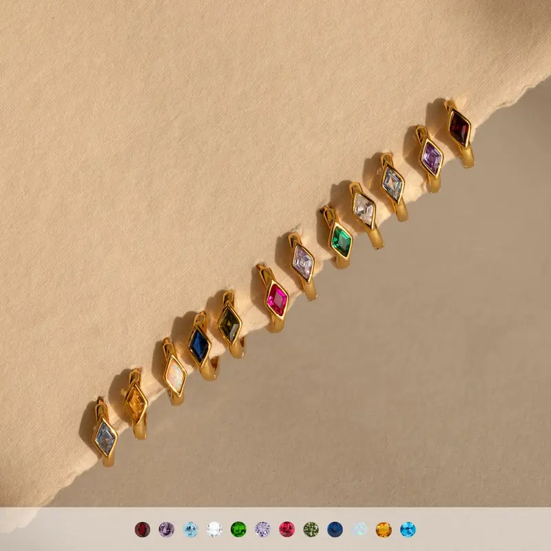 Rhombus Birthstone Huggies by Caitlyn Minimalist - Dainty Bezel Gemstone Hoop Earrings in Gold - Crystal Cartilage Earrings - Christmas Gifts for Her