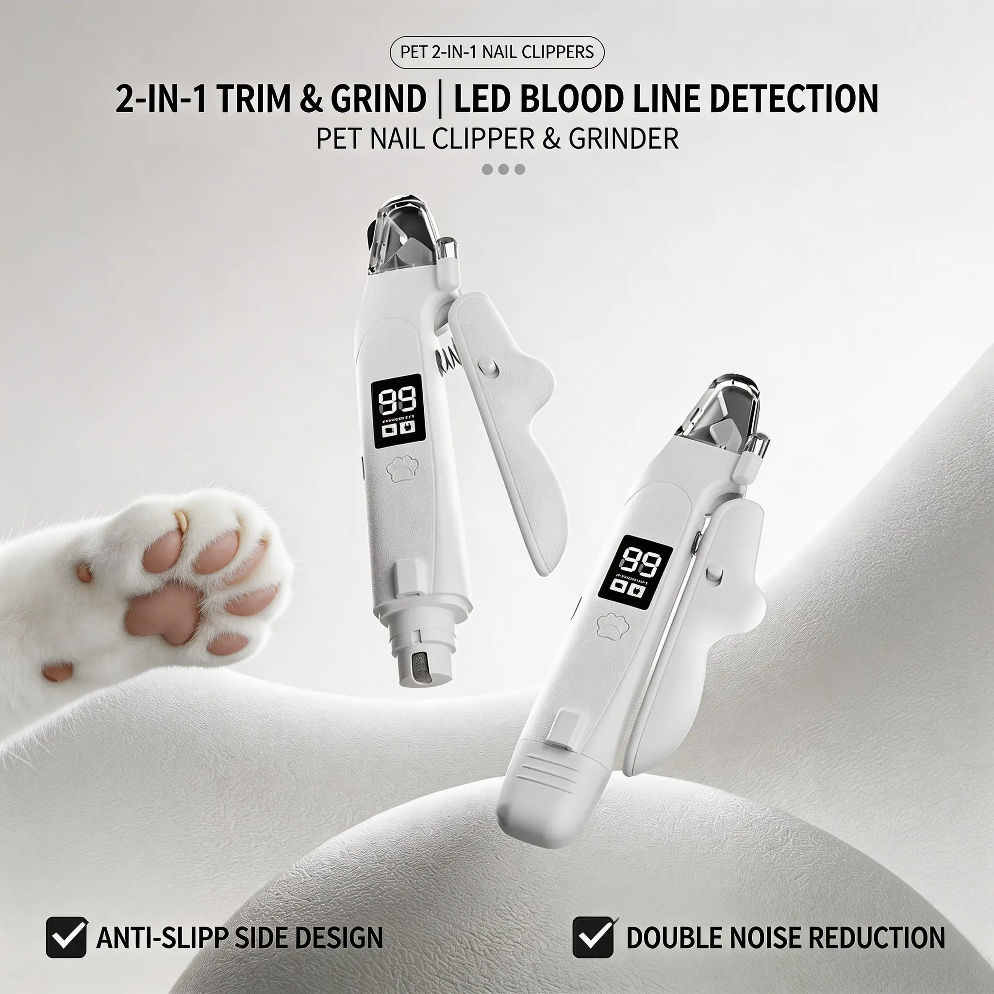 Rechargeable Pet Nail Clipper with LED Light & Digital Display, Electric Dog Cat Nail Trimmer with Safety Guard, Professional Pet Grooming Tool for Small Medium Large Pets