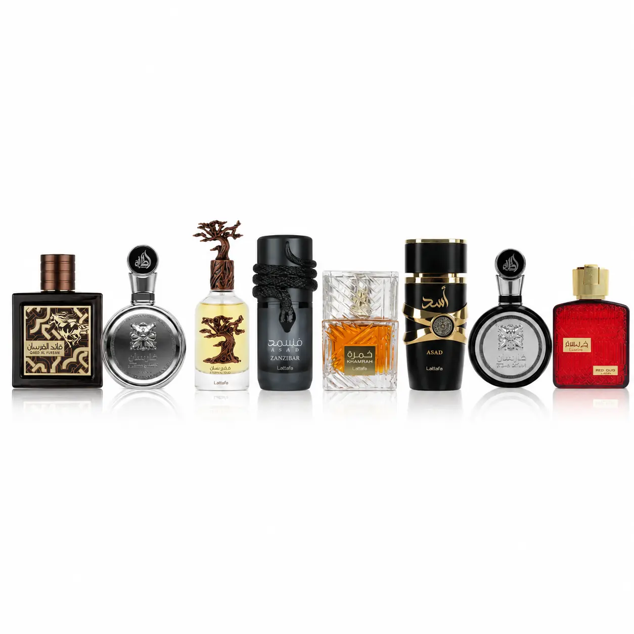 Eternal Oud + Qaed Al Fursan untamed + Fakhar Lattafa Platin + Musamam Black Intense + Khamrah + Fakhar Lattafa Man + Asad + Ramz Silver)
