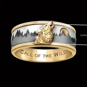 Wolf Howling Moon Ring Engraved "Call of The Wild" Band | Nature-Inspired Men's Jewelry classic design everyday essential versatile style comfort wear wardrobe staple piece relaxed fit breathable fabric timeless casual
