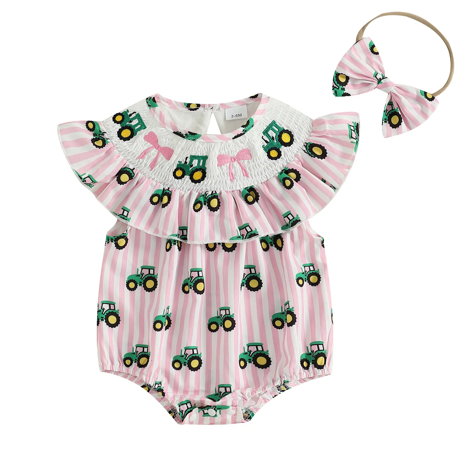 Emmababy Newborn Baby Girl Tractor Bow Embroidery Smocked Bubble Romper Stripe Onesie Bodysuit Headband Cute Infant Farm Theme Summer Outfits