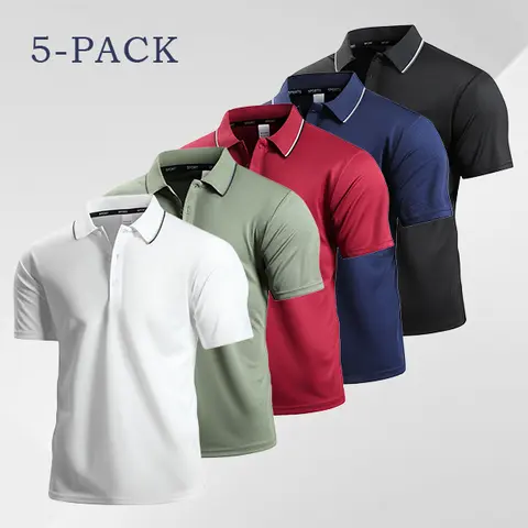 Men's 5-Pack Business Casual Button-Front Polo Shirts - Contrasting Collar, Soft Sweat-Wicking Fabric, Light, Comfortable for Hot Weather, Office, Outdoor, Weekend Barbecue
