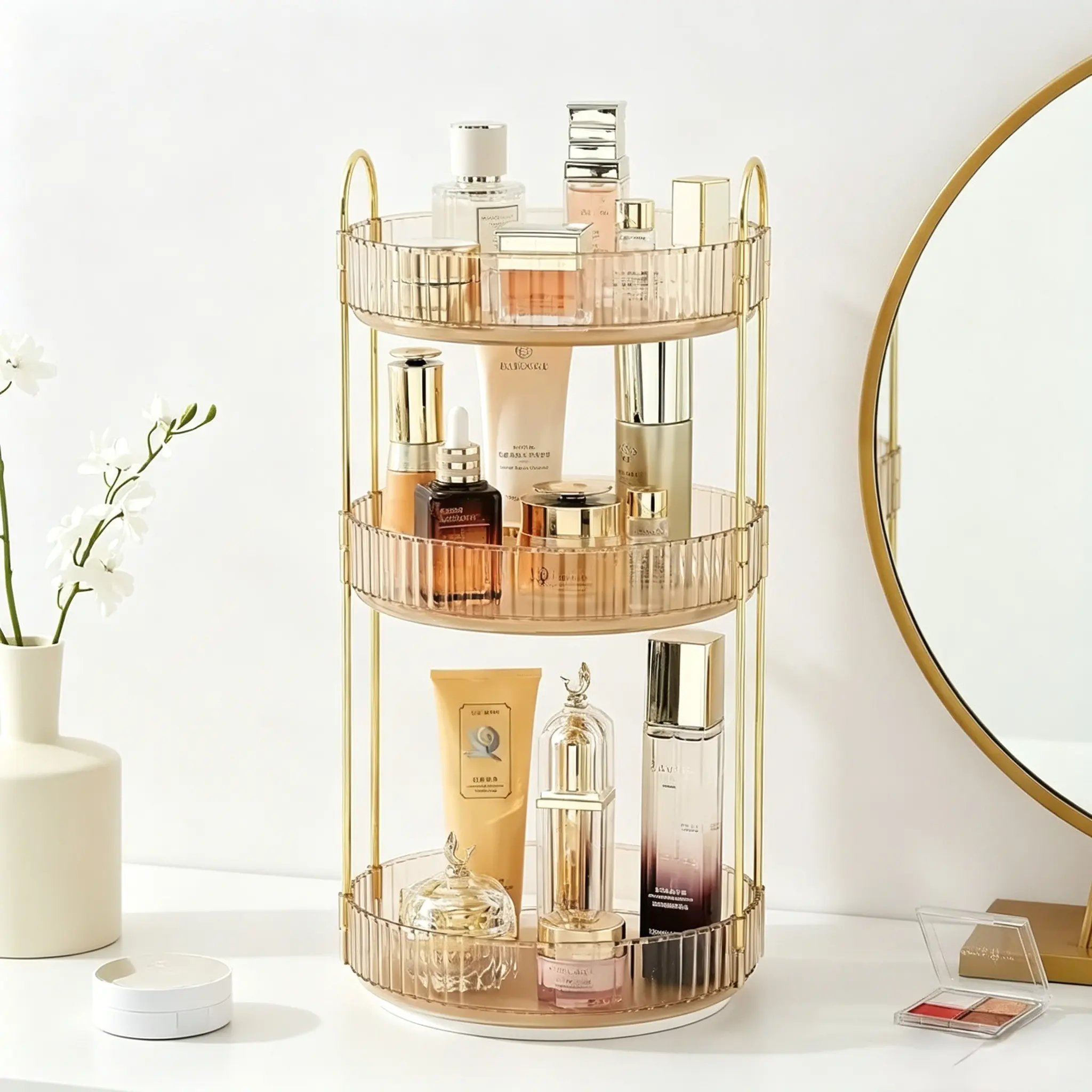 Elegant 3-Tier Makeup Organizer with Gold Finish for Beauty Products and Cosmetics