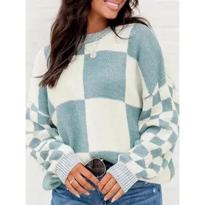Women’s checkered print drop shoulder sweater, casual long-sleeve crewneck jumper for autumn and winter, fashionable ladies’ knitwear for everyday wear