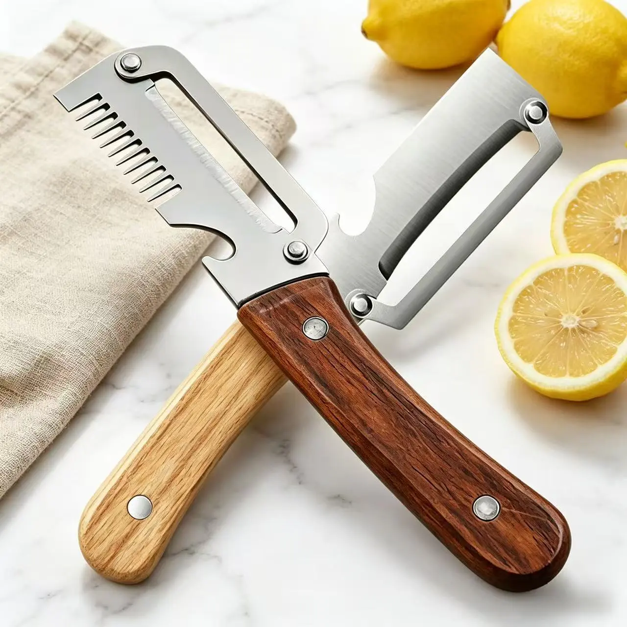 2Pcs Multi-Function Peelers for Kitchen, Ultra-Sharp Stainless Steel Blade Wooden Handle Gadget with Drink Opener & Julienne Shredder for Vegetable & Fruit Peeling