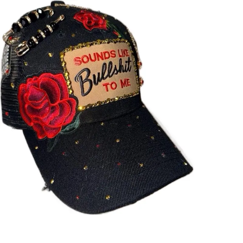Sounds like BULLSH*T to me Trucker Hat with Rhinestone Detail & Rose Embellishments for Expressive Style