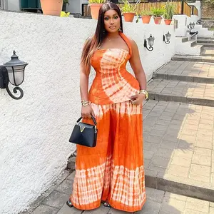 summer spring clothes Fashion Tie Dye Printed Women's Set Halter Neck Crop Top and Loose Wide Leg Pants 2025 Two 2 Piece Sets Outfit Tracksuit Womenswear Check Light Gamis Trouser Orange Short Sleeveless