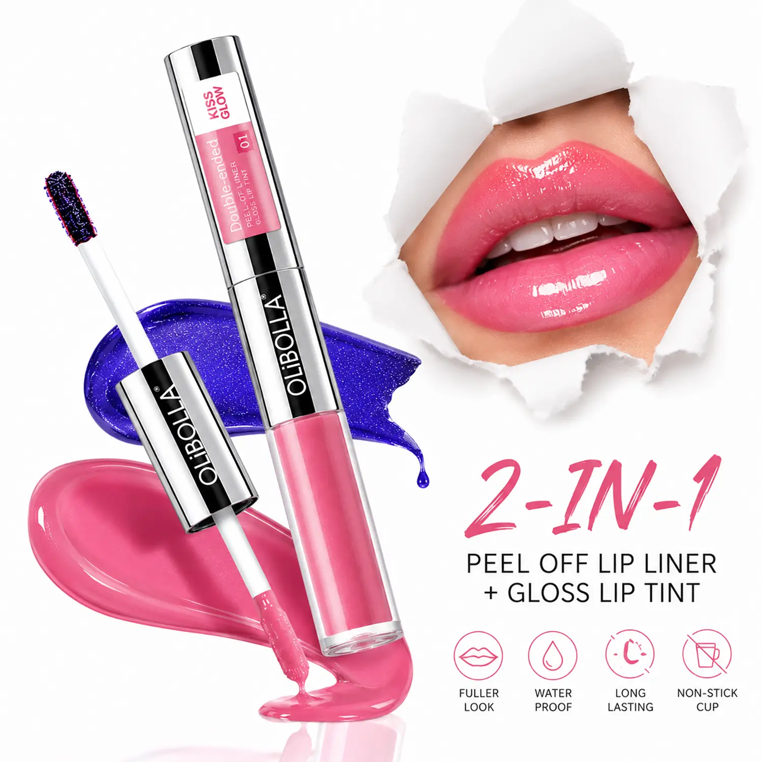 OLIBOLLA Dual Ended Peel Off Lip Tint – Lip Liner & Gloss Combo with Shimmer Finish for Glossy Juicy Lips, Korean Style Lip Makeup everyday beauty look multi-color selection gift