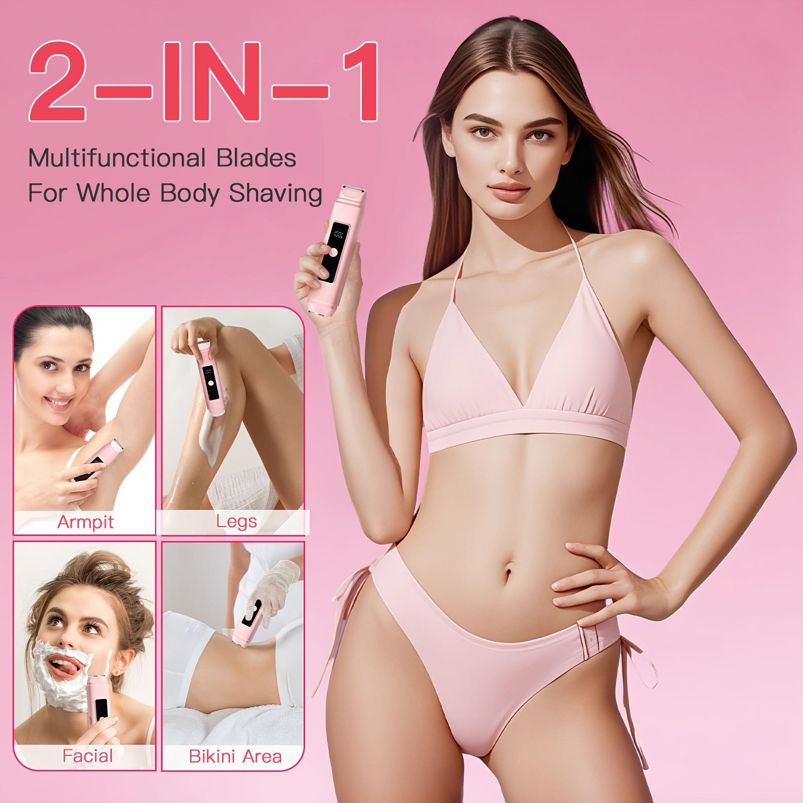 2-in-1 Bikini Trimmer for Women, Bikini Shaver with Dual Heads, Body And Facial Hair Removal, Cordless Electric Razors for Face Chin Pubic Underarm Legs, Pink