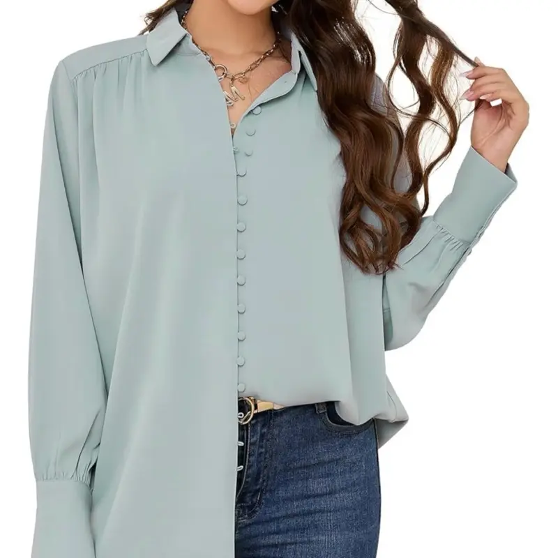 Women's Button Down Blouse Shirt Top Long Sleeves in Soft Mint Green with Elegant Design Silky, Soft, Vintage Look  Collared Womenswear