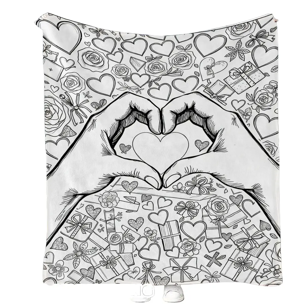 Hand-Painted Style Coloring Blanket, 2D Flat Flannel Heart Creative Pattern with Hea, Black And White Line Art English Label, Valentine's Day Birthday Holiday Gift Choice, Home Air-Conditioned Room Warm Blanket, Outdoor Travel Portable Shawl