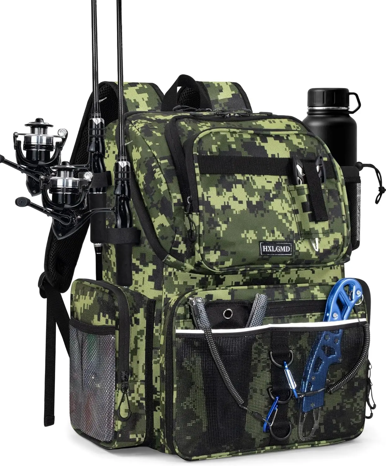 HXLGMD 43L Fishing Backpack, Water-Resistant Polyester Tackle Bag with Rod Holders for Men, Functional Fisherman Accessories Storage with Cooler Pocket to Keep Cool Drinks Ready for Outdoor Camping