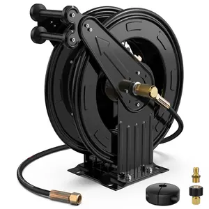 BreAro Premium Steel Retractable Air Hose Reel With Dual Arm, 3/8" Hybrid Polymer Hose, Heavy Duty | Lightweight | Quick Air Coupler | Durable Double side Frame | Not Include 50 ft Hose