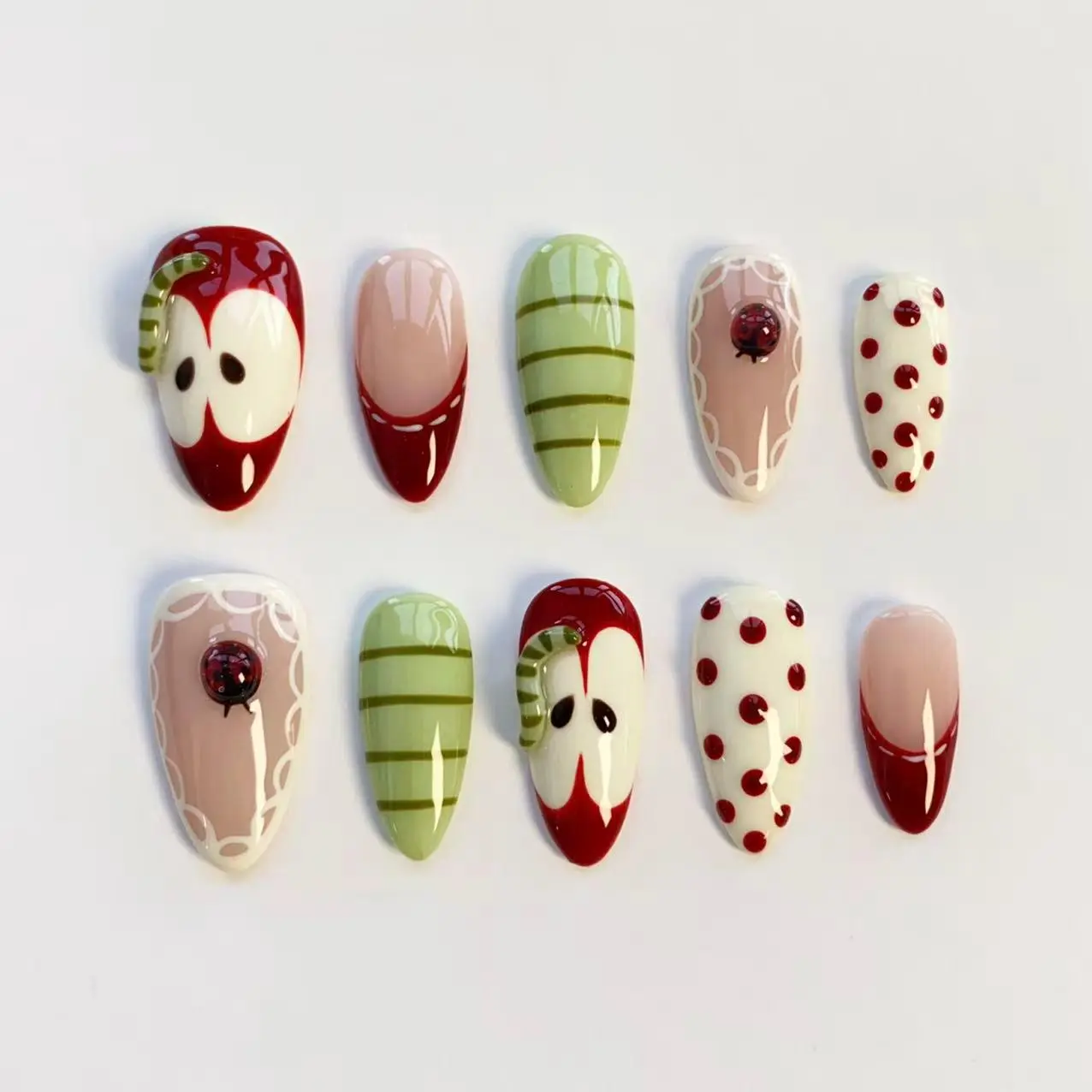 Cute Apple nails/press on nails long almond nails/Kawaii nails/3D caterpillar nails/Red Polka dot nails/Ladybug nails/Holiday nails Custom