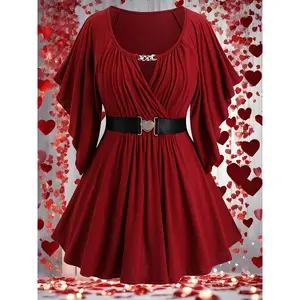 Plus Size, European and American fashion Women's chain-decorated butterfly sleeve shirt top with belt, plus-size T-shirt