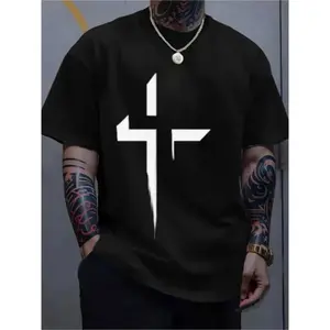 Men's Casual Black Cotton T-Shirt with  Cross Print, Crew Neck, Slight Stretch, Regular Fit, Knit Fabric, 100% Cotton, Summer Casual Attire for Men and Women