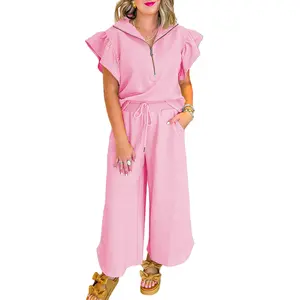 Mntaor Women's 2 Piece Outfits Ruffle Sleeve Half Zip Pullover Top & Wide Leg Pants Matching Set for Womenswear Clothes，Winteroutfit