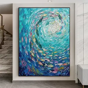[Sale off up to 40%] [Frame Canvas] Original Ocean Fish Oil Painting, Hand Painted Blue Abstract Canvas Art, Textured Palette Knife Marine Wall Decor for Living Room