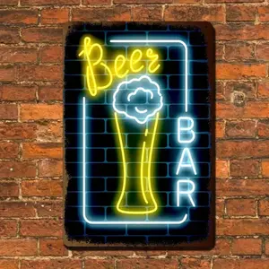 1PC 8x12 Inches 20x30 Cm Neon Beer Sign for Bar or Pub Decor High Quality Metal Wall Art for Beer Lovers Beer Night