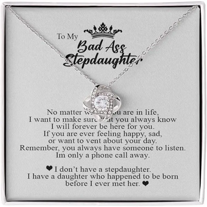 To My Bad Ass Step Daughter, Gifts for Stepdaughter, Step Daughter Gifts, Love Knot Necklace, Jewelry Card for Her, Love Knot Necklace Present To My Bonus Daughter From Stepmom, Women's Jewelry