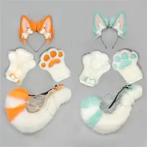 4Pcs/set Kitsune Fox Ears & Tail & Paw Gloves Plush Anime Cosplay Prop for Lolita Furry Convention Halloween Costume Accessories