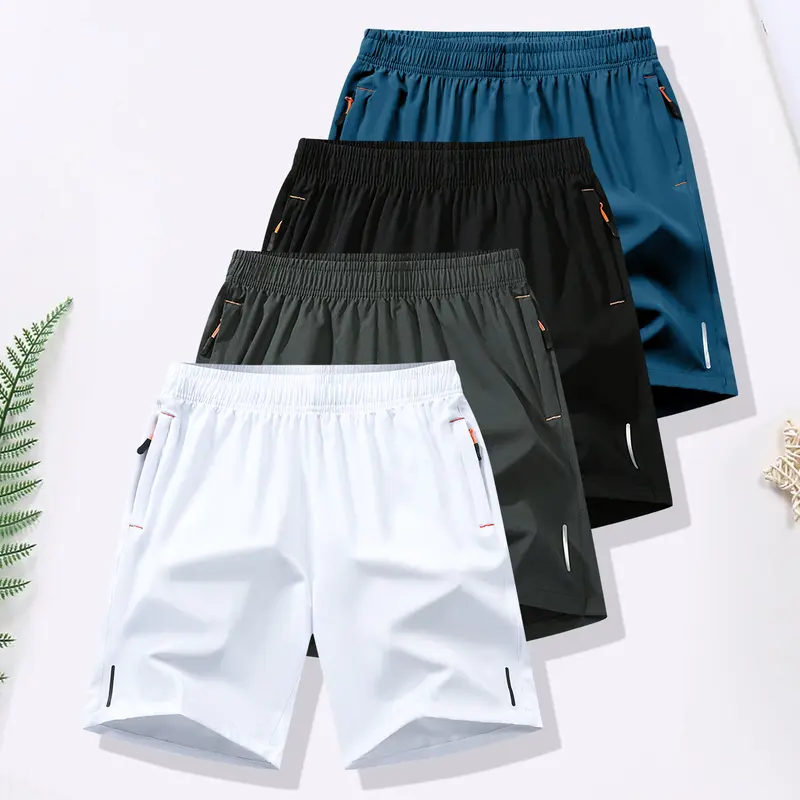 Men’s 4-Pack Fitted Solid Color Zipper Pocket Casual Athletic Breathable Bulk Fashion Shorts - Navy Blue, Summer Everyday Wear Men’s Bottoms