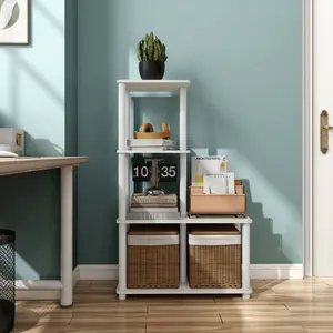 247 Shop At Home aModular Modern 4-Cube Ladder Shelving Units, Collectibles Display Shelves, Easy Assembly Standing Shelf, Home Storage Organizer for Living Room, Bedroom, Office, White