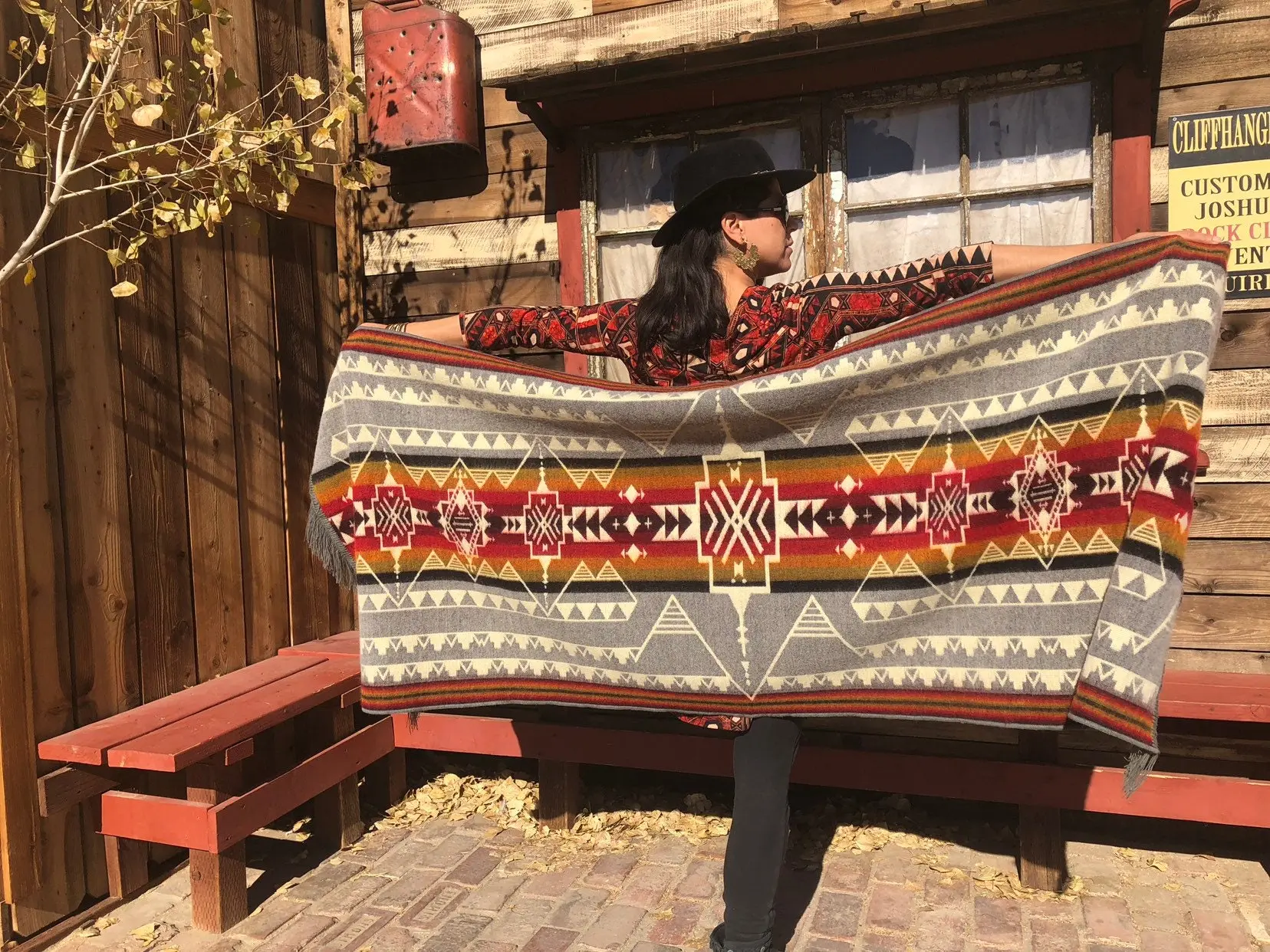 ETHNIC NATIVE SHAWL - Wrap Boho Alpaca Cozy Tribal Gypsy Festival Gift Ceremony Wedding Shamanic Plus Size - Gray Red Orange Beige