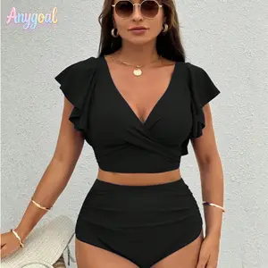 ANYGOAL Two Piece Swimsuits - Women High Waisted Bikini Tummy Control Bathing Sui swimsuits 2026 women affordable swimsuits  Women Plus Size High Waisted Set Ruffle Flounce Two Piece Swimsuits Tummy Con summervibes