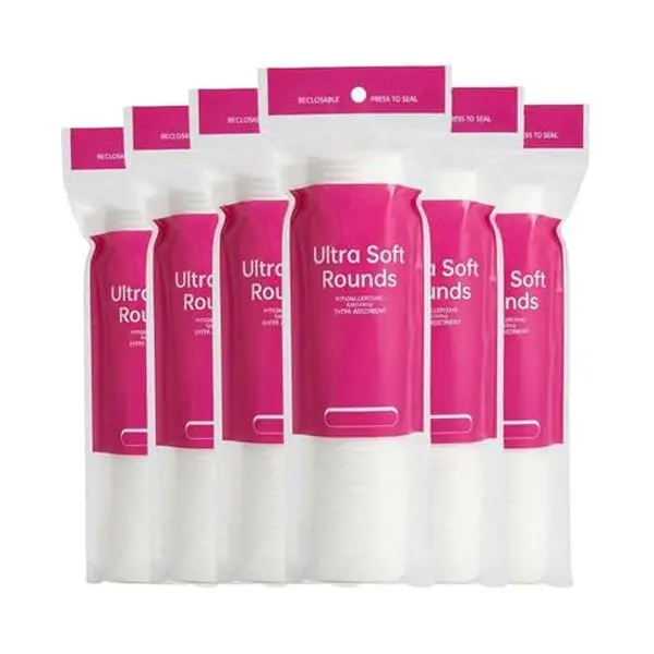 600 PCS Cotton Rounds–100 Count (Pack of 6)-Soft, Absorbent, Cotton Face Pads for Makeup Removal, Skincare, Skin Care and Gentle Facial Cleansing - Lint Free Stitched Pads
