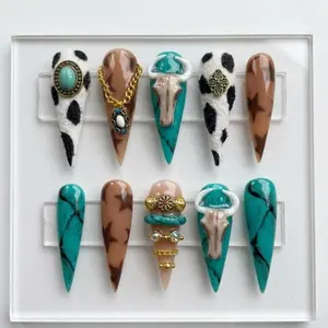 Handmade Western Cowgirl Press On Nails | Turquoise Marble, Fuzzy Cow Print & 3D Bull Skulls | Long Stiletto Nails For Southwestern Vibes