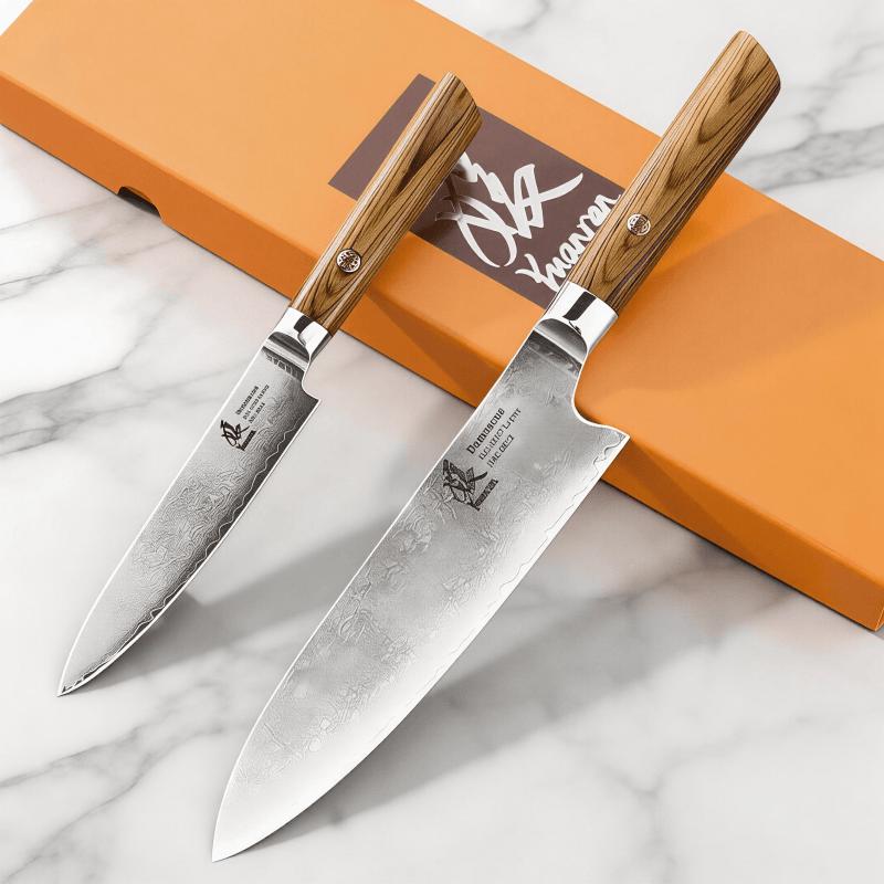 YUANREN 2-Piece Gift Series Knife Set | 8" Chef Knife & 5" Paring Knife | AUS-10 Damascus Steel (67 Layers) | Full Tang with Golden Pakkawood Handle & Mosaic Pin | Luxury Gift for Home Chefs
