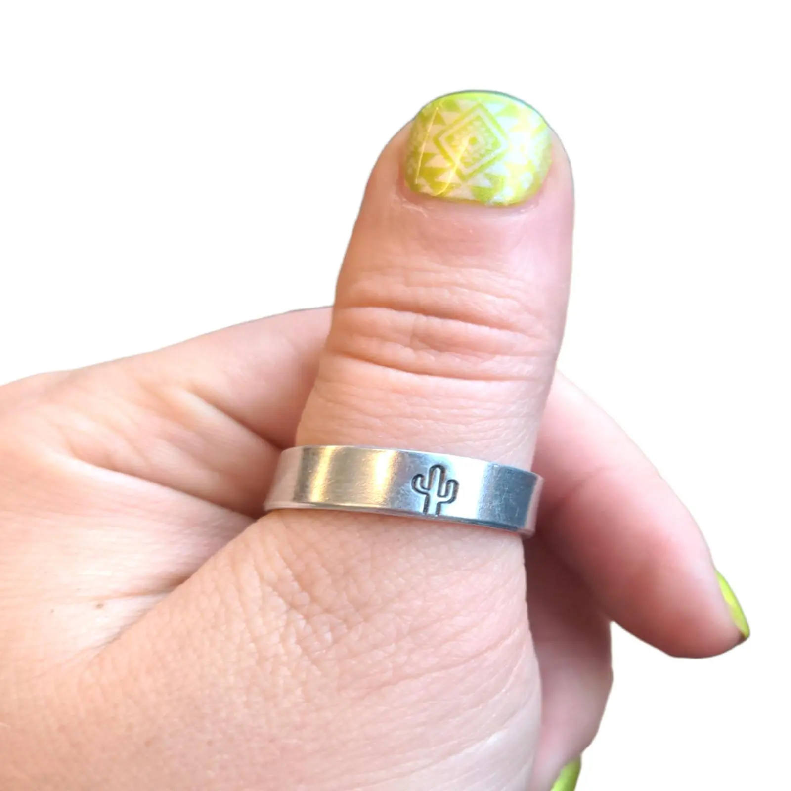 Stampede Jewelry Hand Stamped Casual Thin Band Lone Cactus Ring - Handmade Western Style Metal Coating Adjustable Desert Charm Ring