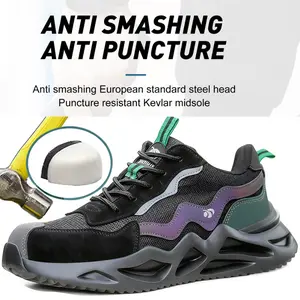 Men's Breathable Mesh Work Sneakers - Durable, Fashionable Breathable Comfortable Patched Work Shoes for Daily Wear,Anti-Slip Safety Shoes with Steel Toe Protection, Comfort Fit for All Seasons, Casual Striped Design Boy Footwear Closed Worker Creeper