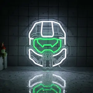 Halo Inspired Helmet Neon sign Master Chief Neon Light,USB Powered with Dimming Cool LED Wall Decor Sign for Gamer Bedroom Man Cave Science Fiction Gifts for Teenagers lamps