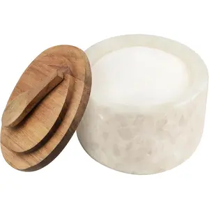 Marble Spice Cellar Container for Coffee, Sugar, Spices and Candies, With Built-in Magnetic Spoon and Acacia Wood Lid, 6.5 oz (Snowflake White)