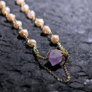 [Lilac Meteorite] Necklace, Natural Amethyst and Freshwater Pearls, 18K Gold-Plated