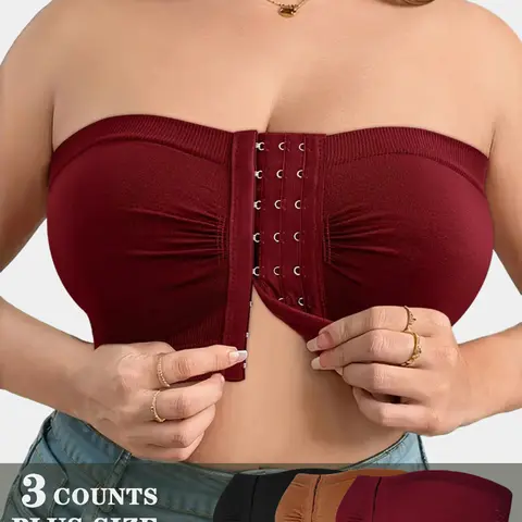 1/2/3/4/5-Pack Plus-Size Strapless Bras, Front-Closure Design with Stretchy Ribbed Soft Wireless Support, Comfortable Chic Daily Wear Bandeau Underwear, Non Wired Bra (0XL-6XL)