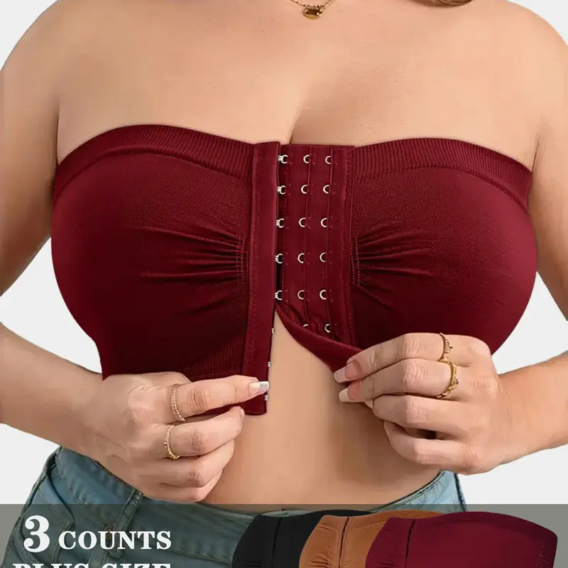 1/2/3/4/5-Pack Plus-Size Strapless Bras, Front-Closure Design with Stretchy Ribbed Soft Wireless Support, Comfortable Chic Daily Wear Bandeau Underwear, Non Wired Bra (0XL-6XL)