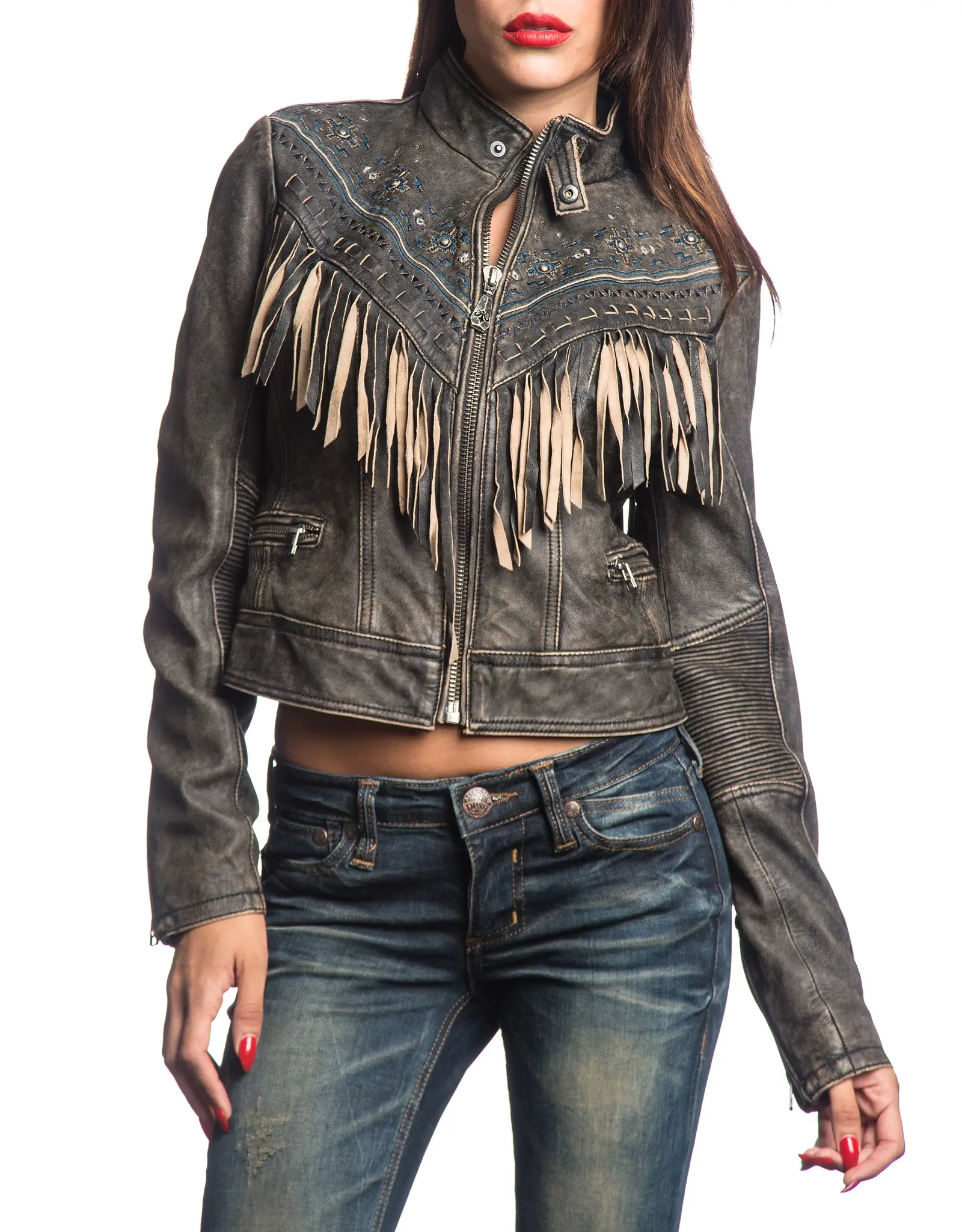 Affliction Women's Lost Love Moto Jacket in Genuine Leather, a Limited Edition Top with Embroidery, Rivets, and Fringes, Tops, Lady, Fitted