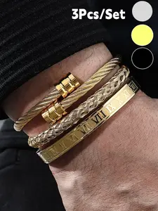 3Pcs/Set Stainless Steel Bracelets for Men Gold Roman Numeral Bangle Bracelet Twisted Cable Bracelet Adjustable Cuff Bracelet Mens Luxury Jewelry Bracelets Gifts
