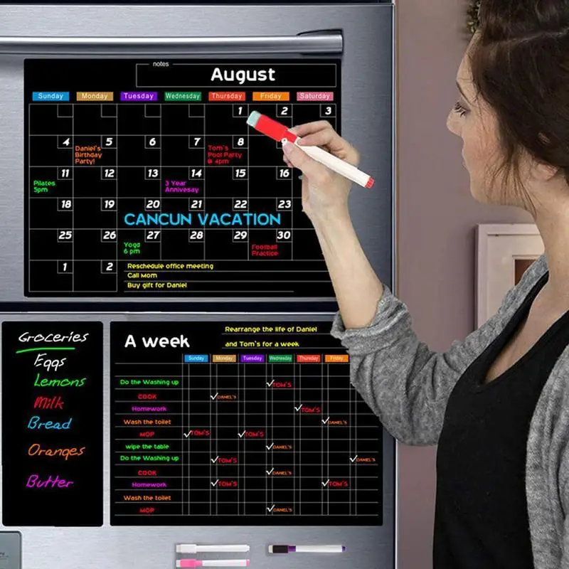 Fridge Magnetic Calendar Set, 9 Counts/set Including 3 Counts Daily Schedule Magnetic Sticker, 5 Counts Random Color Pen & 1 Count Random Color Eraser