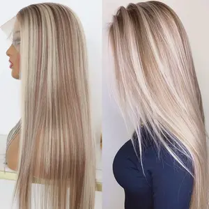 Highlight Ash Blonde Lace Front Wig Long Straight Glueless Ombre Brown Mixed Blonde 13x4 Synthetic Lace Front Wigs for Women 150 Density 24 Inches