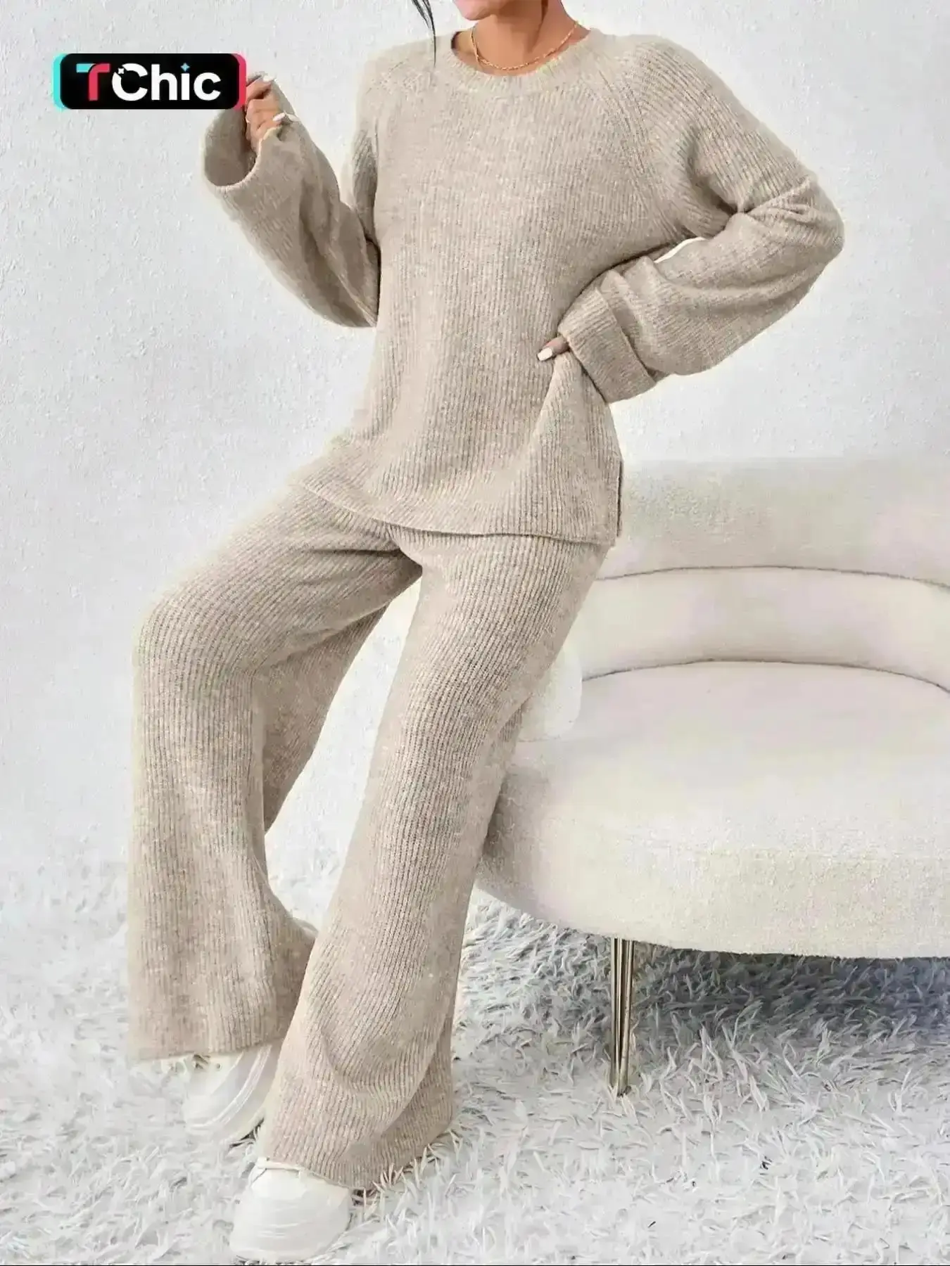 2026 Two-piece Set Women's Solid Raglan Sleeve Split Sweater & Pants Set, Casual Relaxed Long Sleeve Round Neck Jumper & Trousers, Women's Fall & Winter Clothing, stylish design