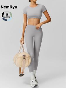 sporty women's plain round neck crop tee & high waist leggings tracksuit set, sport comfy breathable two-piece outfits for yoga gym workout running, jogging suit set, ladies sportswear for fall, jogging sets for women, minimalistic outfit, activewear